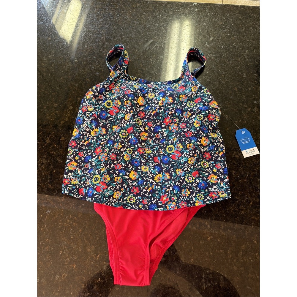 Lands End Women's Swimsuit Sz 2 One Piece Red‎ Navy Floral Creora NWT Shelf Bra
